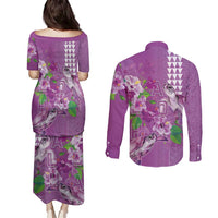 Hawaii Aloha Turtle Hibiscus and Leaves Couples Matching Puletasi and Long Sleeve Button Shirt with Polynesian and Kakau Tattoos Lilac Color LT03 - Polynesian Pride