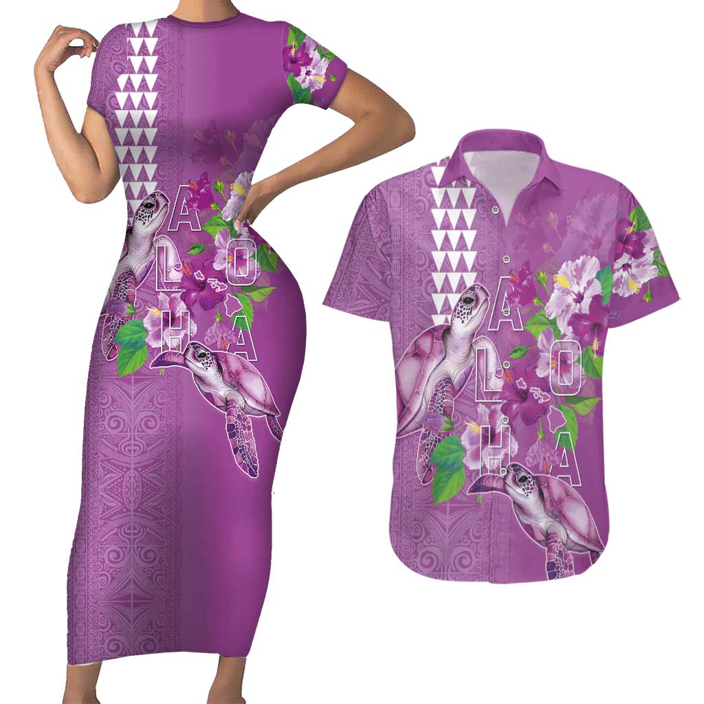 Hawaii Aloha Turtle Hibiscus and Leaves Couples Matching Short Sleeve Bodycon Dress and Hawaiian Shirt with Polynesian and Kakau Tattoos Lilac Color LT03 Purple - Polynesian Pride