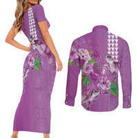 Hawaii Aloha Turtle Hibiscus and Leaves Couples Matching Short Sleeve Bodycon Dress and Long Sleeve Button Shirt with Polynesian and Kakau Tattoos Lilac Color LT03 - Polynesian Pride
