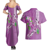 Hawaii Aloha Turtle Hibiscus and Leaves Couples Matching Summer Maxi Dress and Hawaiian Shirt with Polynesian and Kakau Tattoos Lilac Color LT03 - Polynesian Pride