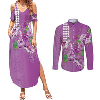 Hawaii Aloha Turtle Hibiscus and Leaves Couples Matching Summer Maxi Dress and Long Sleeve Button Shirt with Polynesian and Kakau Tattoos Lilac Color LT03 Purple - Polynesian Pride