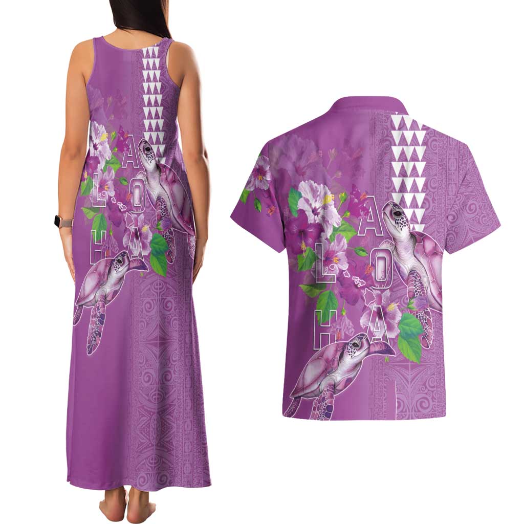 Hawaii Aloha Turtle Hibiscus and Leaves Couples Matching Tank Maxi Dress and Hawaiian Shirt with Polynesian and Kakau Tattoos Lilac Color LT03 - Polynesian Pride