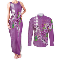 Hawaii Aloha Turtle Hibiscus and Leaves Couples Matching Tank Maxi Dress and Long Sleeve Button Shirt with Polynesian and Kakau Tattoos Lilac Color LT03 Purple - Polynesian Pride