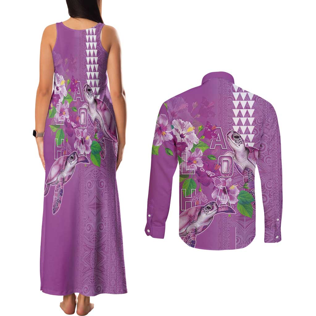 Hawaii Aloha Turtle Hibiscus and Leaves Couples Matching Tank Maxi Dress and Long Sleeve Button Shirt with Polynesian and Kakau Tattoos Lilac Color LT03 - Polynesian Pride