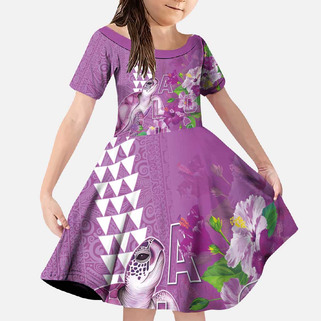 Hawaii Aloha Turtle Hibiscus and Leaves Family Matching Long Sleeve Bodycon Dress and Hawaiian Shirt with Polynesian and Kakau Tattoos Lilac Color LT03 Daughter's Dress Purple - Polynesian Pride