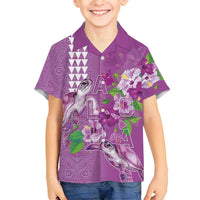 Hawaii Aloha Turtle Hibiscus and Leaves Family Matching Long Sleeve Bodycon Dress and Hawaiian Shirt with Polynesian and Kakau Tattoos Lilac Color LT03 Son's Shirt Purple - Polynesian Pride