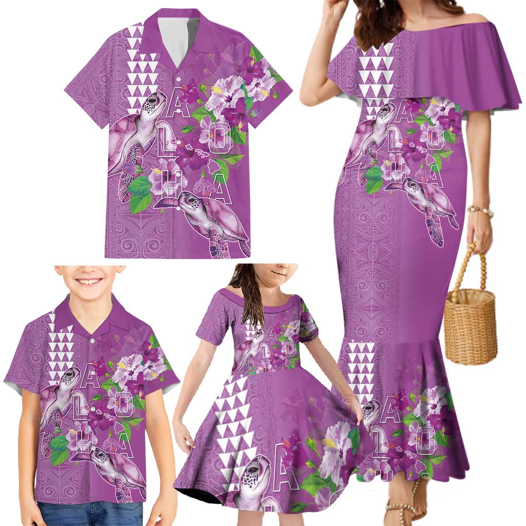 Hawaii Aloha Turtle Hibiscus and Leaves Family Matching Mermaid Dress and Hawaiian Shirt with Polynesian and Kakau Tattoos Lilac Color LT03 - Polynesian Pride