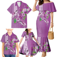Hawaii Aloha Turtle Hibiscus and Leaves Family Matching Mermaid Dress and Hawaiian Shirt with Polynesian and Kakau Tattoos Lilac Color LT03 - Polynesian Pride