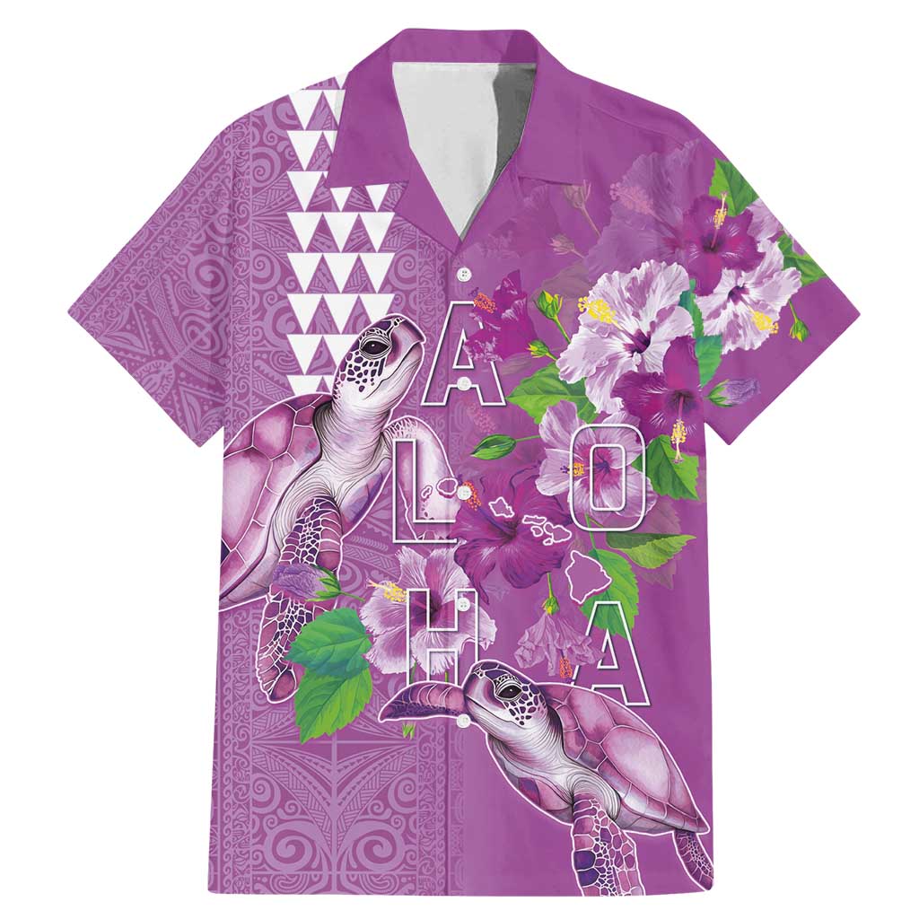 Hawaii Aloha Turtle Hibiscus and Leaves Family Matching Mermaid Dress and Hawaiian Shirt with Polynesian and Kakau Tattoos Lilac Color LT03 Dad's Shirt - Short Sleeve Purple - Polynesian Pride