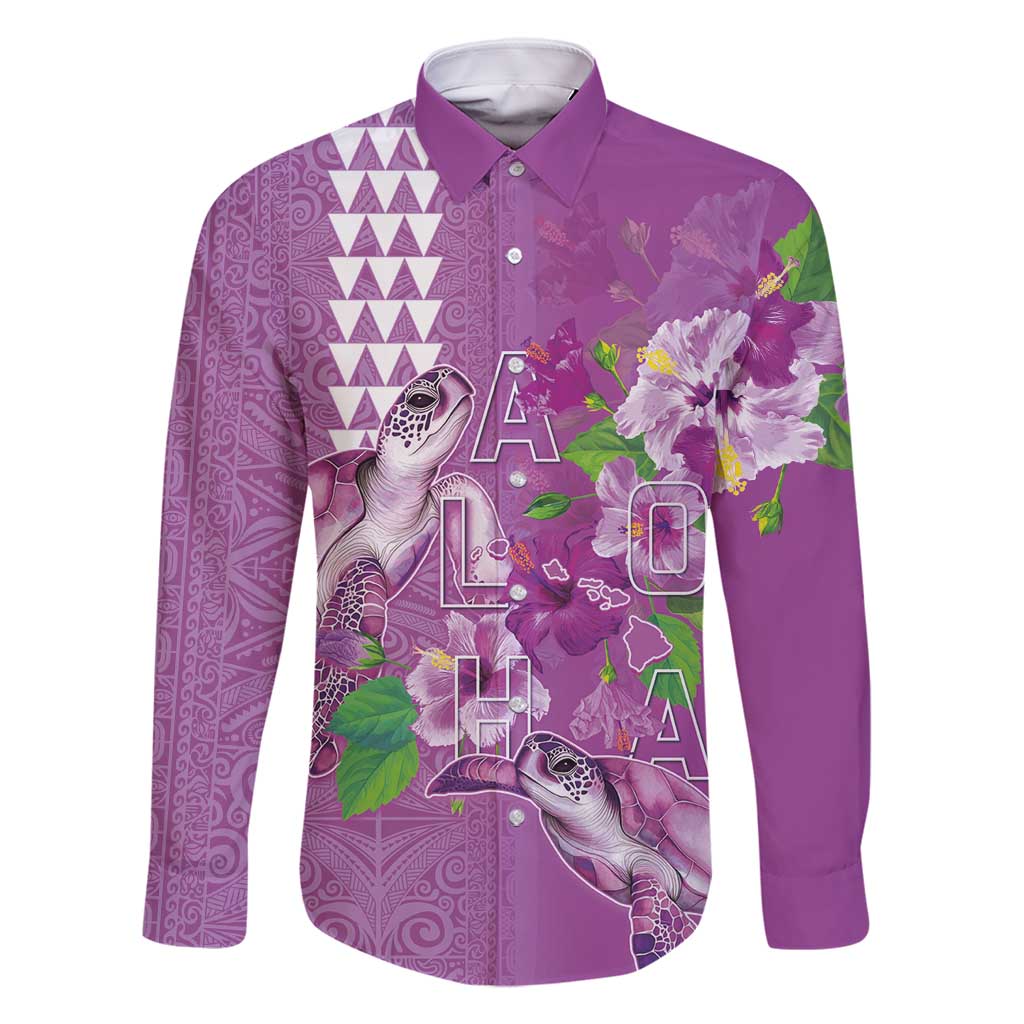 Hawaii Aloha Turtle Hibiscus and Leaves Family Matching Mermaid Dress and Hawaiian Shirt with Polynesian and Kakau Tattoos Lilac Color LT03 Dad's Shirt - Long Sleeve Purple - Polynesian Pride