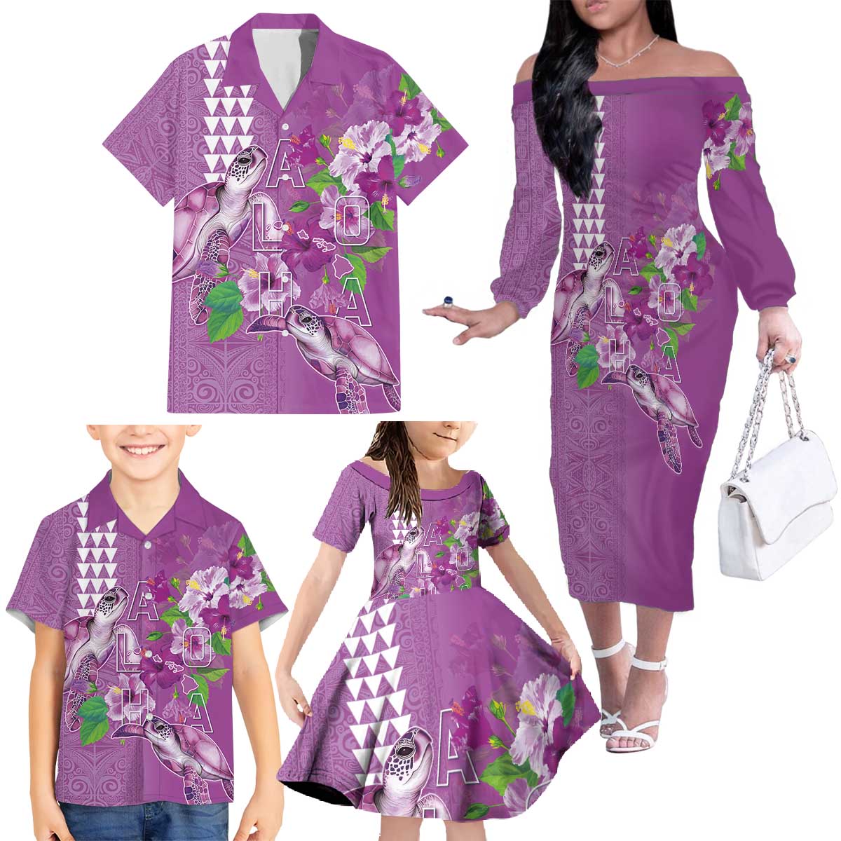 Hawaii Aloha Turtle Hibiscus and Leaves Family Matching Off The Shoulder Long Sleeve Dress and Hawaiian Shirt with Polynesian and Kakau Tattoos Lilac Color LT03 - Polynesian Pride