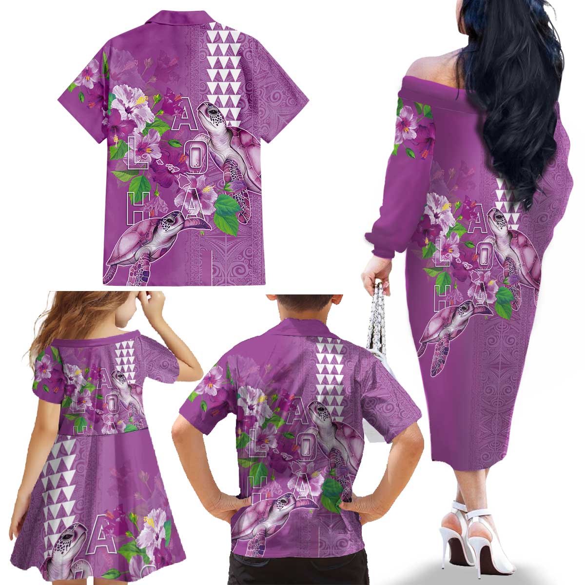 Hawaii Aloha Turtle Hibiscus and Leaves Family Matching Off The Shoulder Long Sleeve Dress and Hawaiian Shirt with Polynesian and Kakau Tattoos Lilac Color LT03 - Polynesian Pride