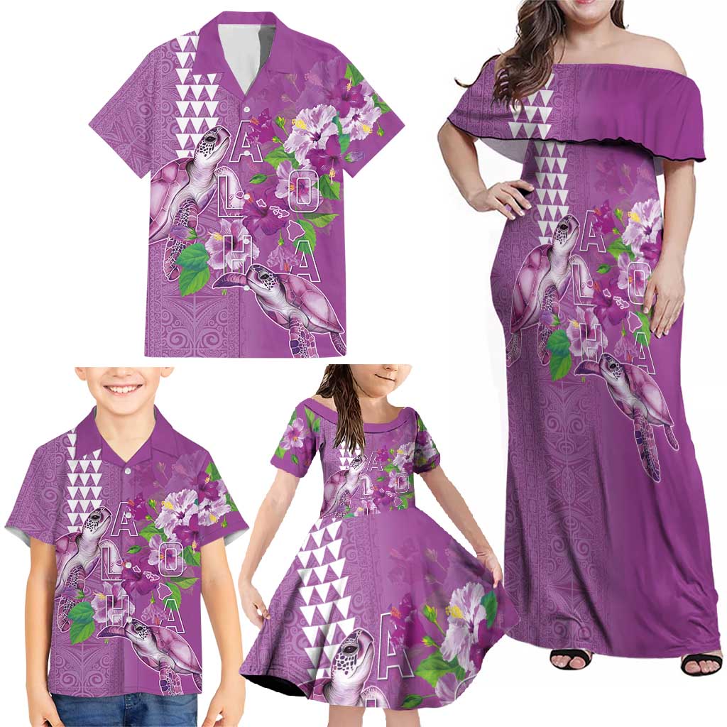 Hawaii Aloha Turtle Hibiscus and Leaves Family Matching Off Shoulder Maxi Dress and Hawaiian Shirt with Polynesian and Kakau Tattoos Lilac Color LT03 - Polynesian Pride