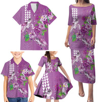 Hawaii Aloha Turtle Hibiscus and Leaves Family Matching Puletasi and Hawaiian Shirt with Polynesian and Kakau Tattoos Lilac Color LT03 - Polynesian Pride