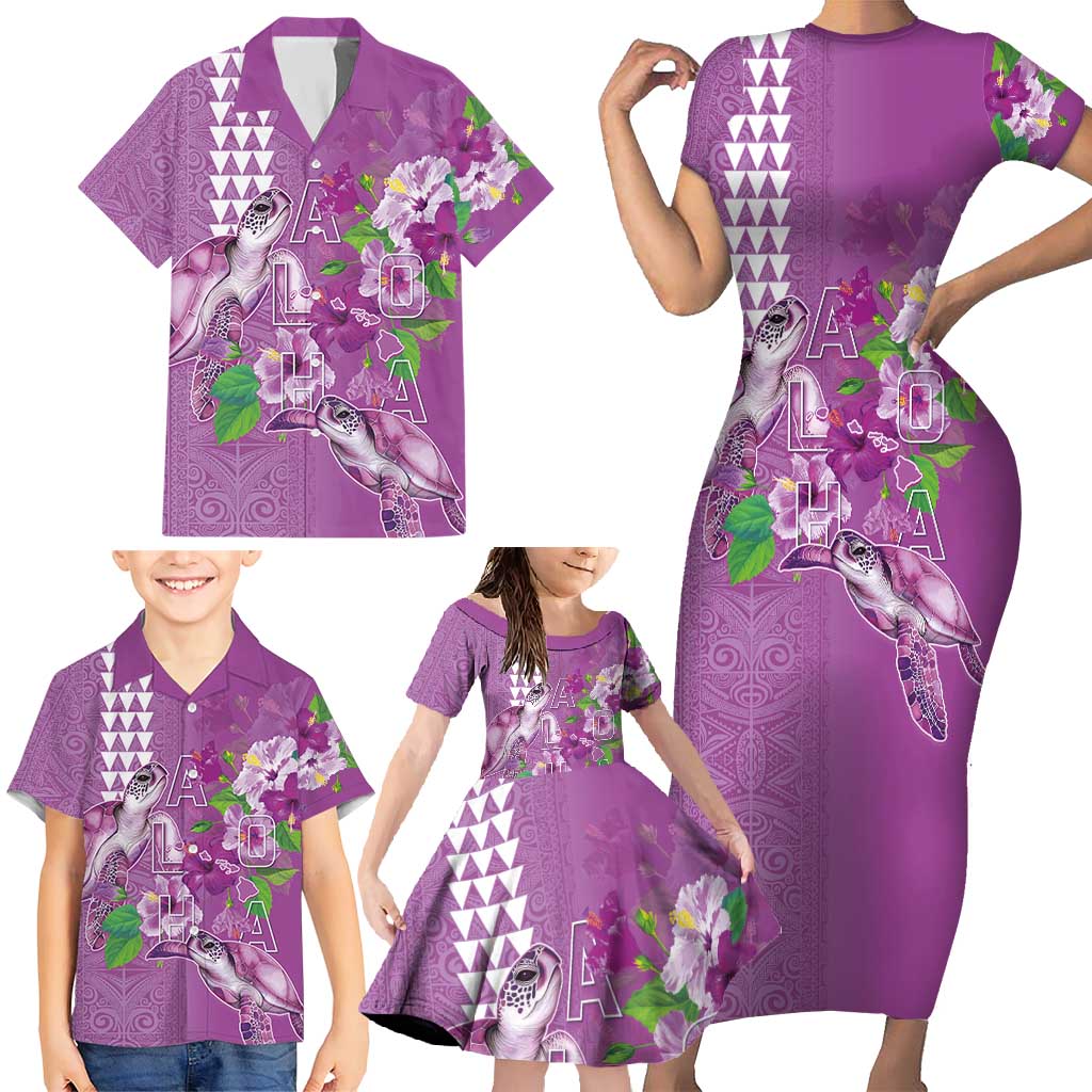 Hawaii Aloha Turtle Hibiscus and Leaves Family Matching Short Sleeve Bodycon Dress and Hawaiian Shirt with Polynesian and Kakau Tattoos Lilac Color LT03 - Polynesian Pride