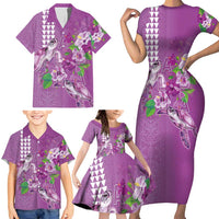 Hawaii Aloha Turtle Hibiscus and Leaves Family Matching Short Sleeve Bodycon Dress and Hawaiian Shirt with Polynesian and Kakau Tattoos Lilac Color LT03 - Polynesian Pride