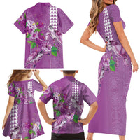 Hawaii Aloha Turtle Hibiscus and Leaves Family Matching Short Sleeve Bodycon Dress and Hawaiian Shirt with Polynesian and Kakau Tattoos Lilac Color LT03 - Polynesian Pride
