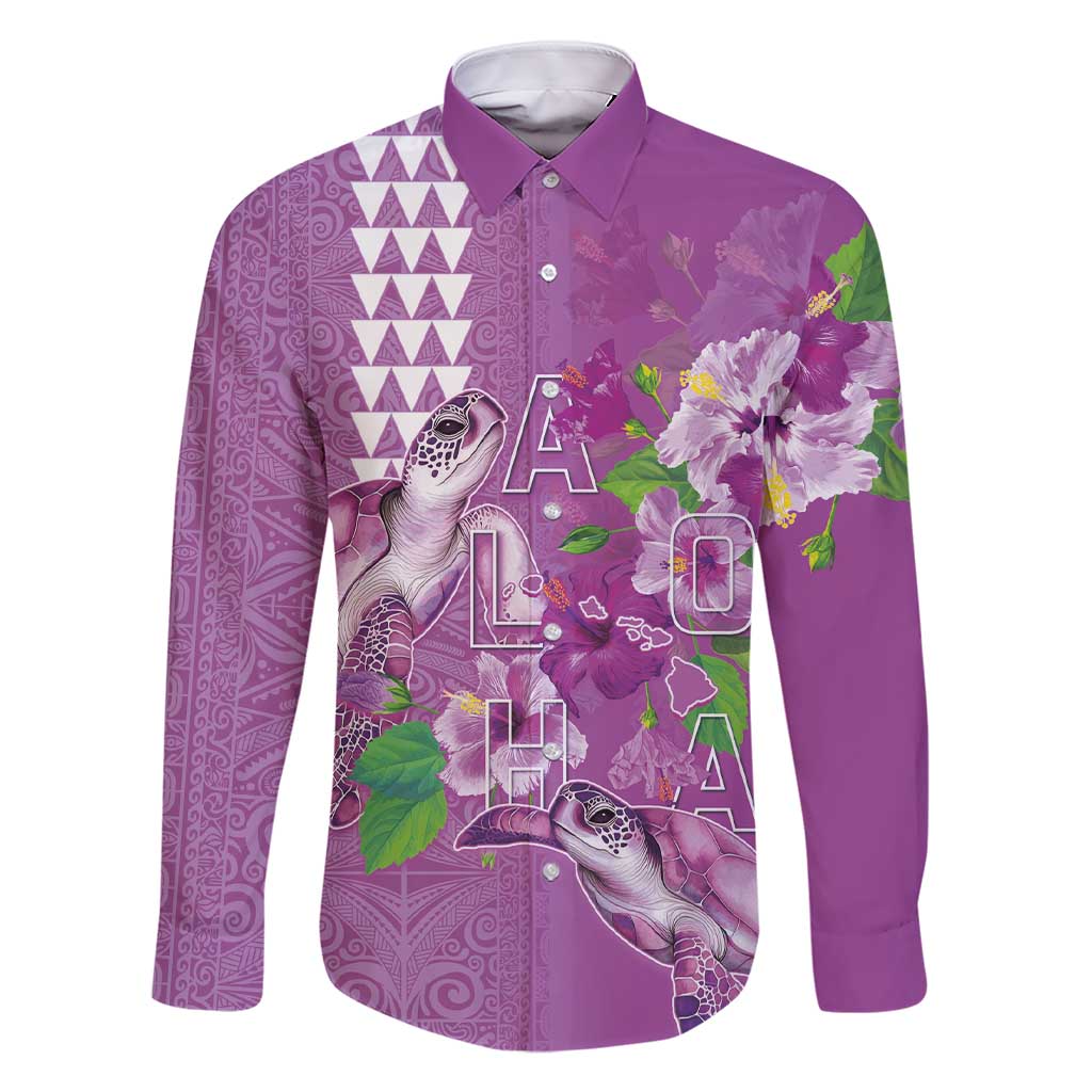 Hawaii Aloha Turtle Hibiscus and Leaves Family Matching Short Sleeve Bodycon Dress and Hawaiian Shirt with Polynesian and Kakau Tattoos Lilac Color LT03 Dad's Shirt - Long Sleeve Purple - Polynesian Pride