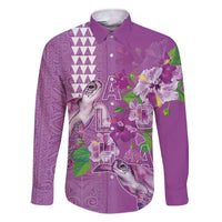 Hawaii Aloha Turtle Hibiscus and Leaves Family Matching Short Sleeve Bodycon Dress and Hawaiian Shirt with Polynesian and Kakau Tattoos Lilac Color LT03 Dad's Shirt - Long Sleeve Purple - Polynesian Pride