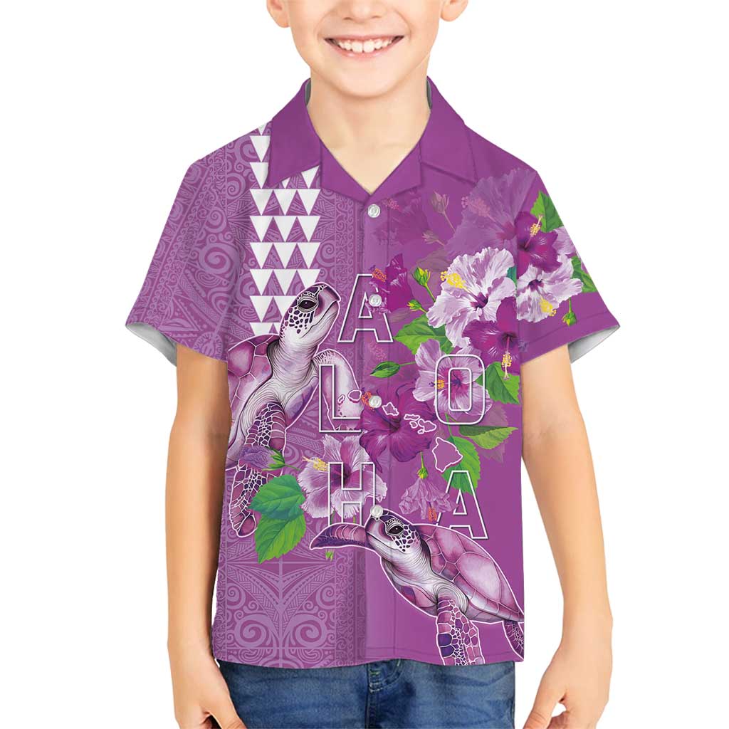 Hawaii Aloha Turtle Hibiscus and Leaves Family Matching Summer Maxi Dress and Hawaiian Shirt with Polynesian and Kakau Tattoos Lilac Color LT03 Son's Shirt Purple - Polynesian Pride