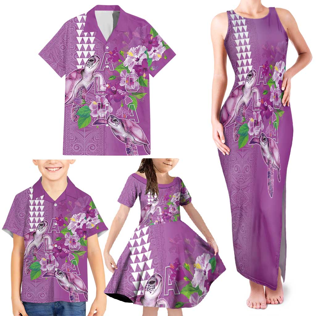 Hawaii Aloha Turtle Hibiscus and Leaves Family Matching Tank Maxi Dress and Hawaiian Shirt with Polynesian and Kakau Tattoos Lilac Color LT03 - Polynesian Pride