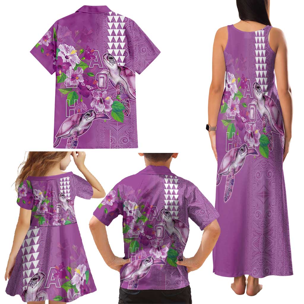 Hawaii Aloha Turtle Hibiscus and Leaves Family Matching Tank Maxi Dress and Hawaiian Shirt with Polynesian and Kakau Tattoos Lilac Color LT03 - Polynesian Pride