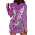 Hawaii Aloha Turtle Hibiscus and Leaves Hoodie Dress with Polynesian and Kakau Tattoos Lilac Color - Polynesian Pride