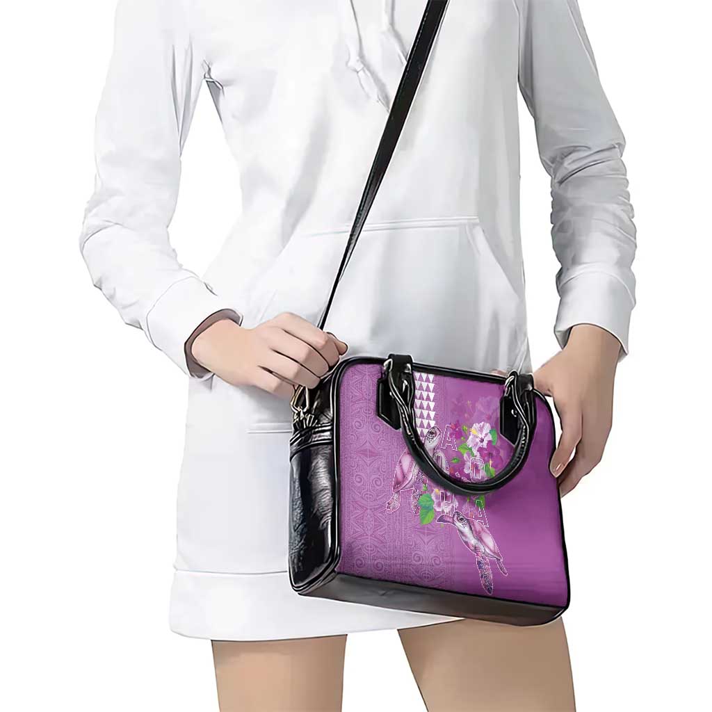 Hawaii Aloha Turtle Hibiscus and Leaves Shoulder Handbag with Polynesian and Kakau Tattoos Lilac Color LT03 - Polynesian Pride
