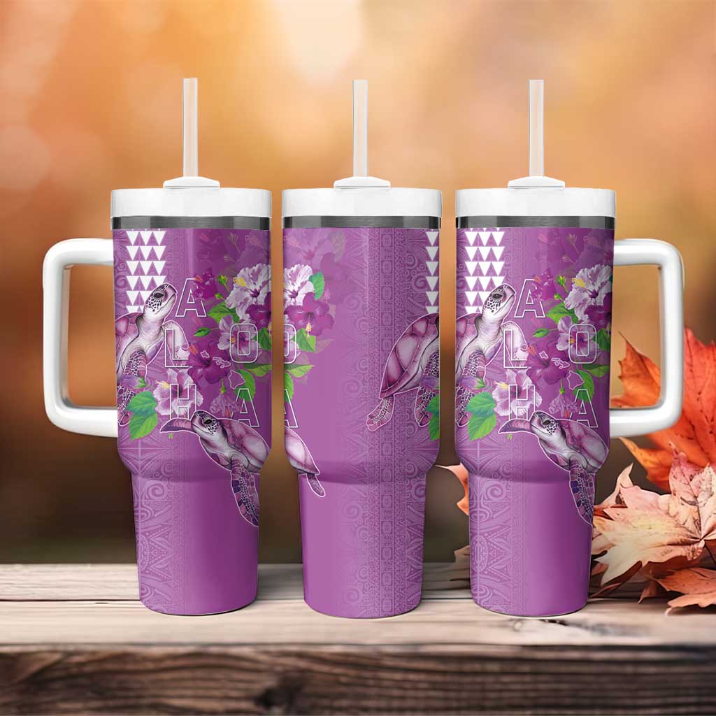 Hawaii Aloha Turtle Hibiscus and Leaves Tumbler With Handle with Polynesian and Kakau Tattoos Lilac Color - Polynesian Pride