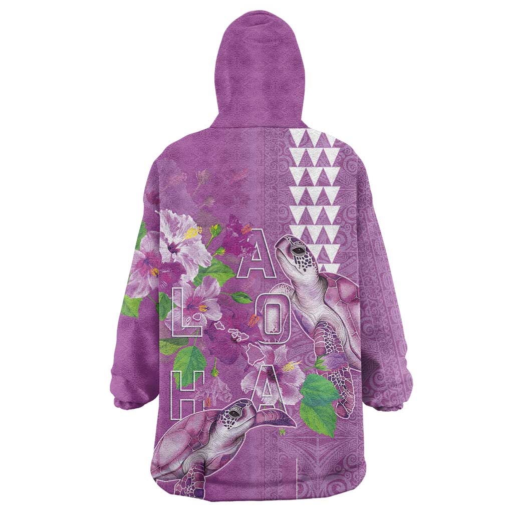 Hawaii Aloha Turtle Hibiscus and Leaves Wearable Blanket Hoodie with Polynesian and Kakau Tattoos Lilac Color LT03 - Polynesian Pride