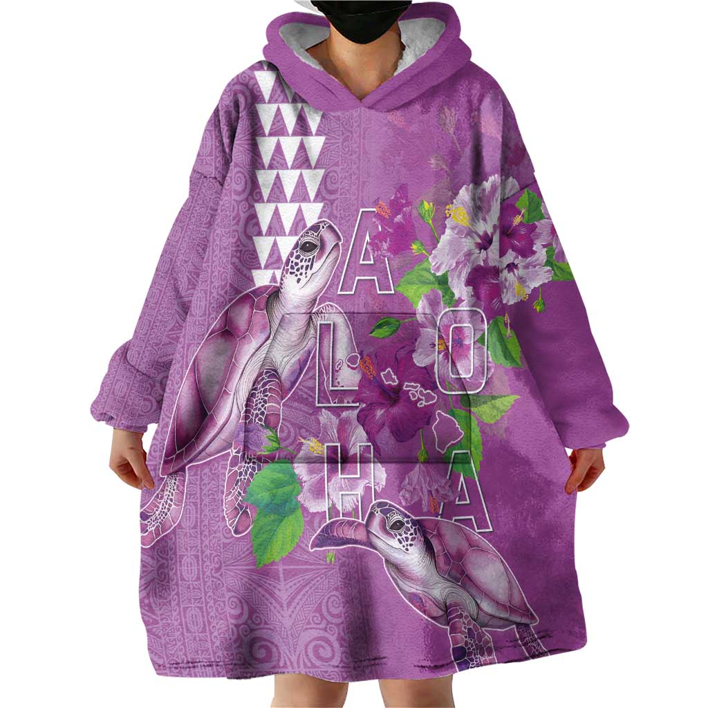 Hawaii Aloha Turtle Hibiscus and Leaves Wearable Blanket Hoodie with Polynesian and Kakau Tattoos Lilac Color LT03 - Polynesian Pride