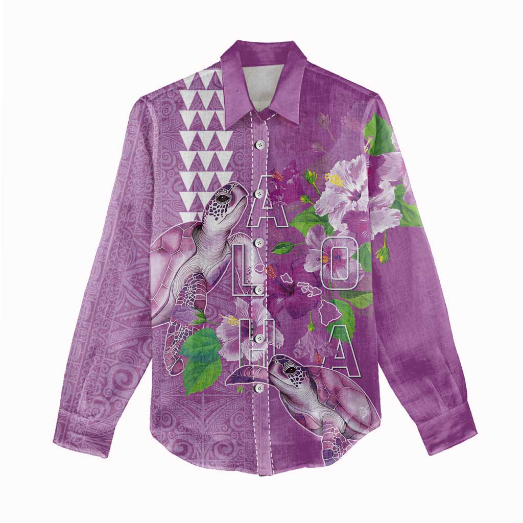 Hawaii Aloha Turtle Hibiscus and Leaves Women Casual Shirt with Polynesian and Kakau Tattoos Lilac Color LT03 - Polynesian Pride