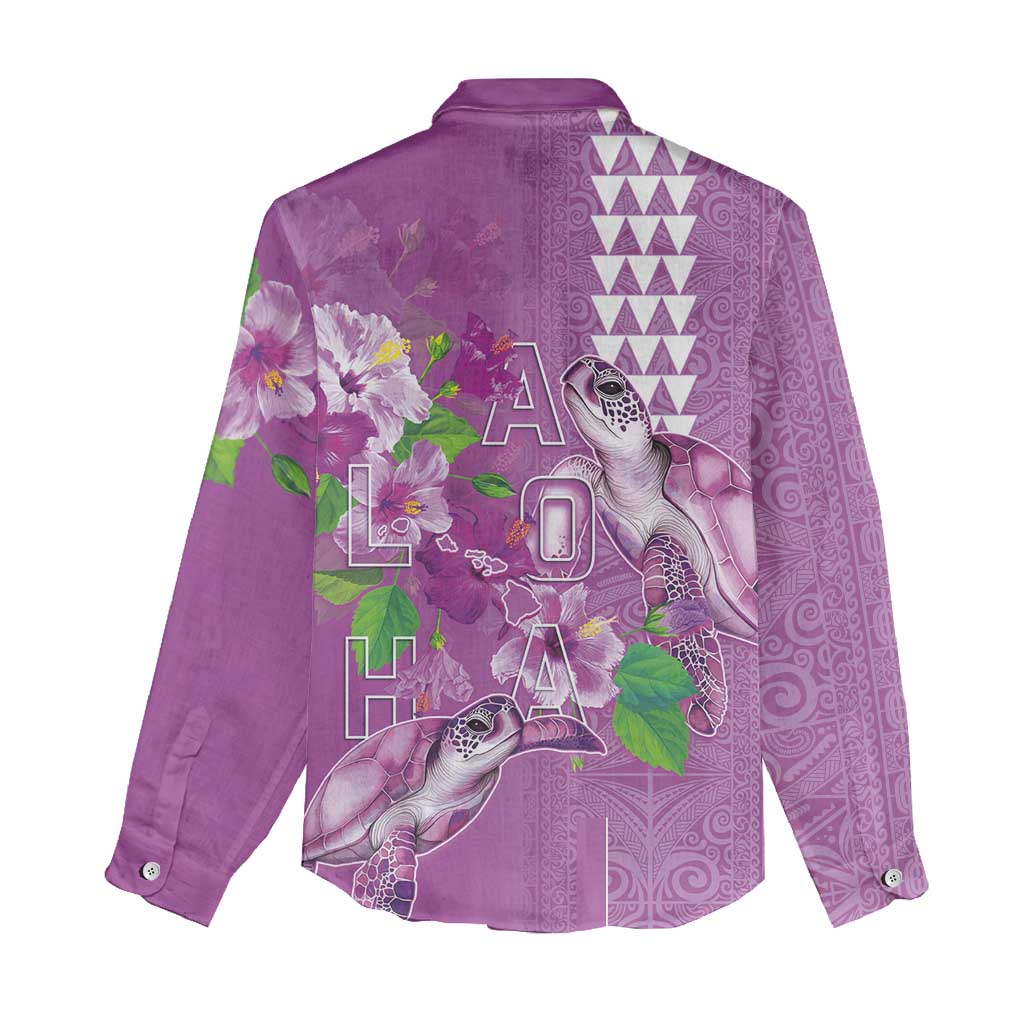 Hawaii Aloha Turtle Hibiscus and Leaves Women Casual Shirt with Polynesian and Kakau Tattoos Lilac Color LT03 - Polynesian Pride