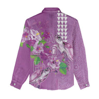 Hawaii Aloha Turtle Hibiscus and Leaves Women Casual Shirt with Polynesian and Kakau Tattoos Lilac Color LT03 - Polynesian Pride