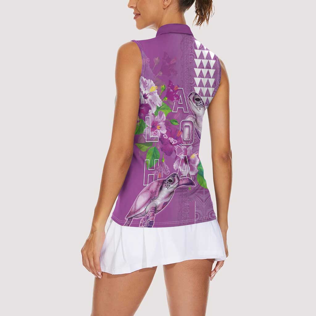 Hawaii Aloha Turtle Hibiscus and Leaves Women Sleeveless Polo Shirt with Polynesian and Kakau Tattoos Lilac Color LT03 - Polynesian Pride