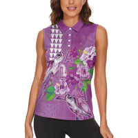 Hawaii Aloha Turtle Hibiscus and Leaves Women Sleeveless Polo Shirt with Polynesian and Kakau Tattoos Lilac Color LT03 - Polynesian Pride