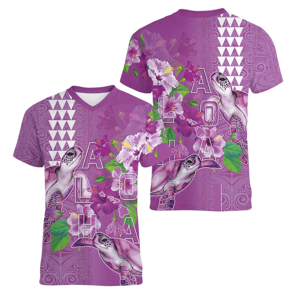 Hawaii Aloha Turtle Hibiscus and Leaves Women V-Neck T-Shirt with Polynesian and Kakau Tattoos Lilac Color - Polynesian Pride