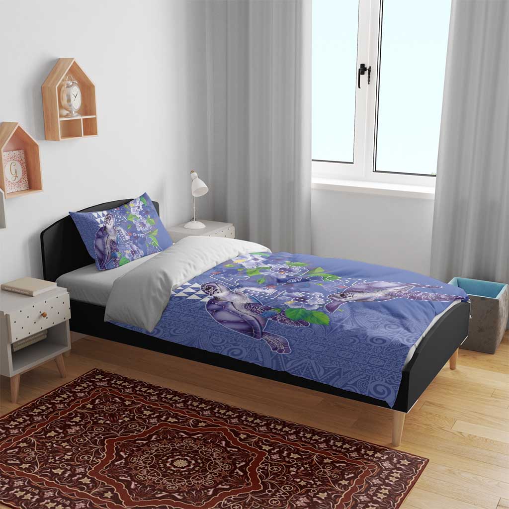 Hawaii Aloha Turtle Hibiscus and Leaves Bedding Set with Polynesian and Kakau Tattoos Denim Color - Polynesian Pride