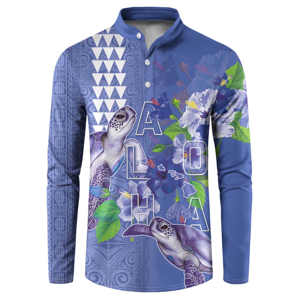 Hawaii Aloha Turtle Hibiscus and Leaves Button Sweatshirt with Polynesian and Kakau Tattoos Denim Color - Polynesian Pride
