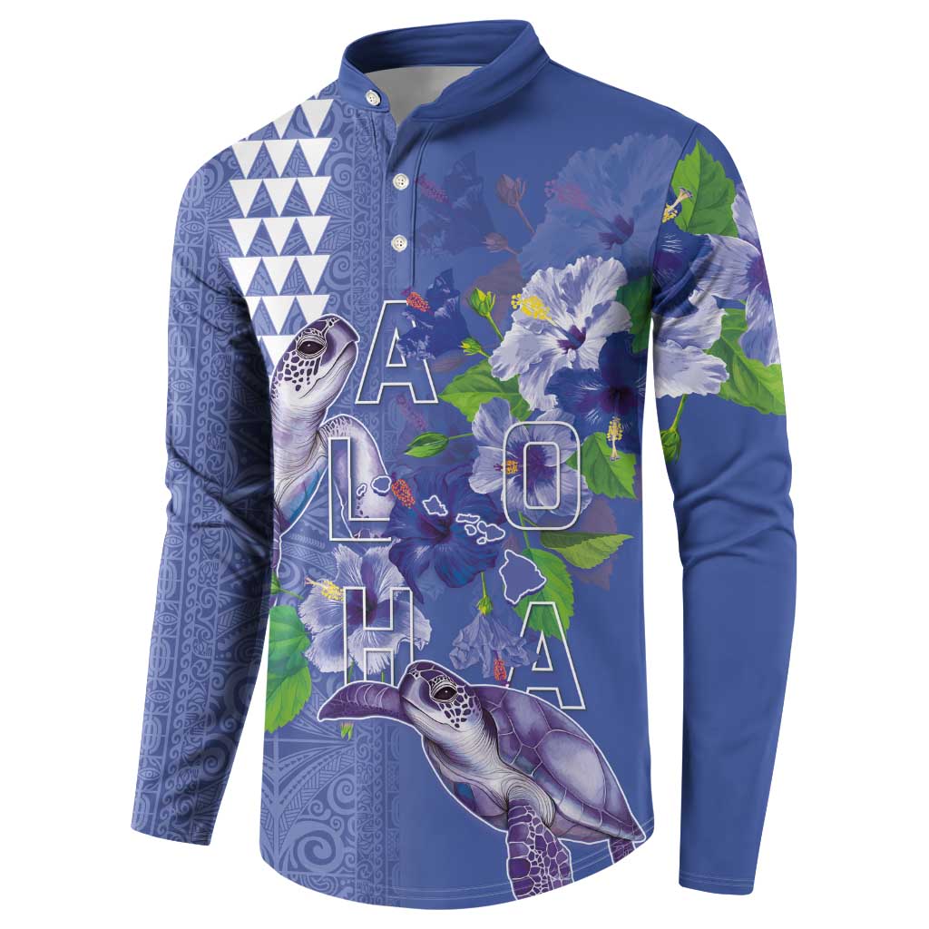Hawaii Aloha Turtle Hibiscus and Leaves Button Sweatshirt with Polynesian and Kakau Tattoos Denim Color - Polynesian Pride