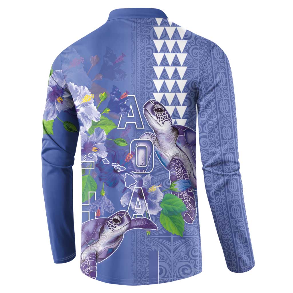Hawaii Aloha Turtle Hibiscus and Leaves Button Sweatshirt with Polynesian and Kakau Tattoos Denim Color - Polynesian Pride