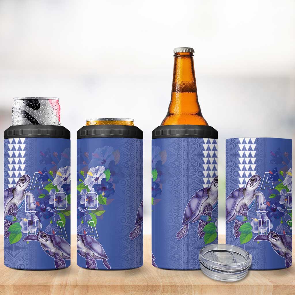 Hawaii Aloha Turtle Hibiscus and Leaves 4 in 1 Can Cooler Tumbler with Polynesian and Kakau Tattoos Denim Color LT03 - Polynesian Pride