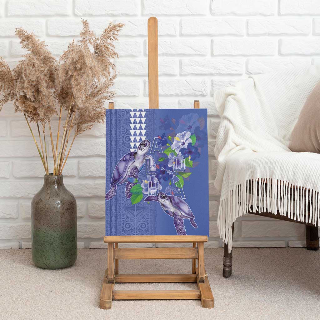 Hawaii Aloha Turtle Hibiscus and Leaves Canvas Wall Art with Polynesian and Kakau Tattoos Denim Color - Polynesian Pride