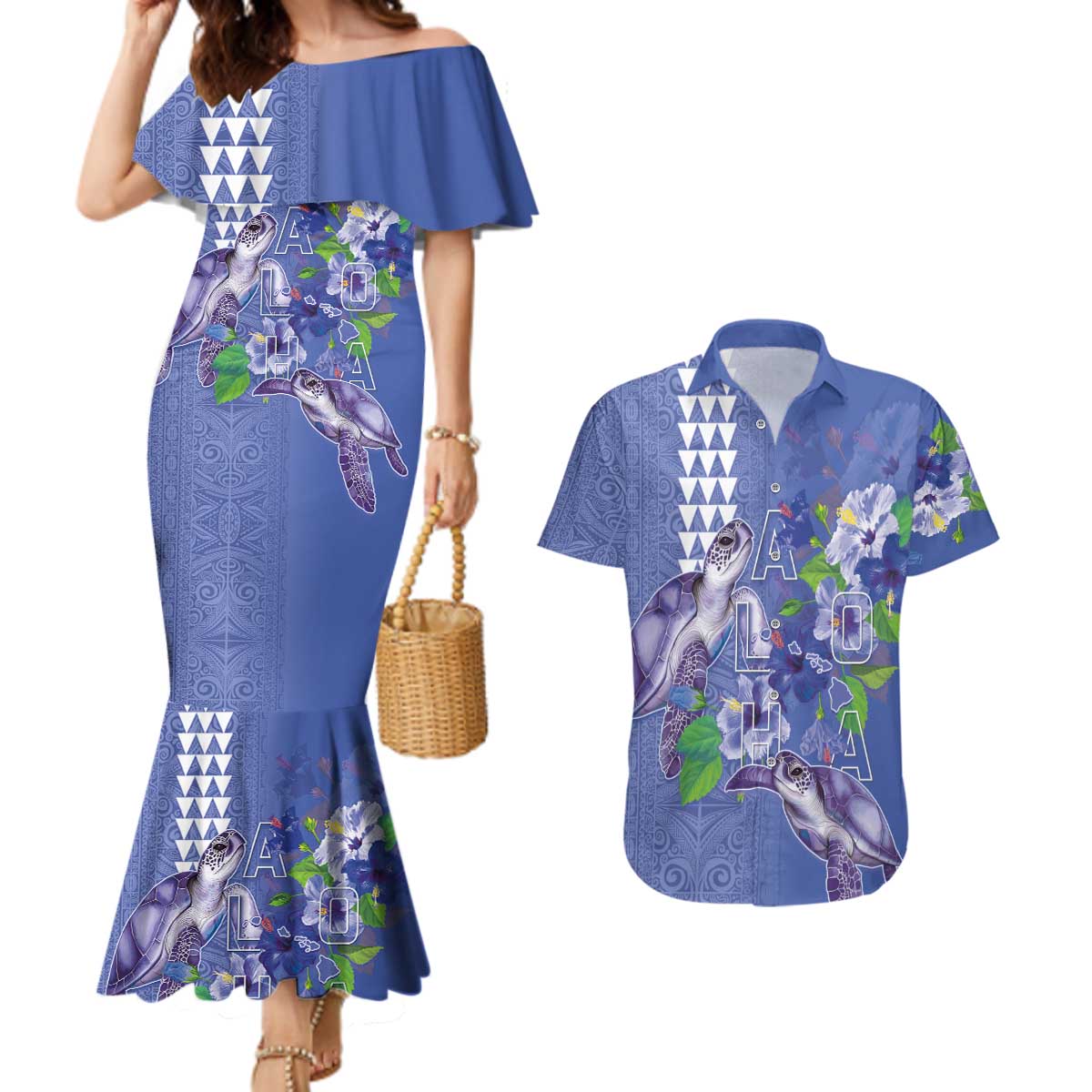 Hawaii Aloha Turtle Hibiscus and Leaves Couples Matching Mermaid Dress and Hawaiian Shirt with Polynesian and Kakau Tattoos Denim Color LT03 Blue - Polynesian Pride