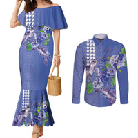 Hawaii Aloha Turtle Hibiscus and Leaves Couples Matching Mermaid Dress and Long Sleeve Button Shirt with Polynesian and Kakau Tattoos Denim Color LT03 Blue - Polynesian Pride