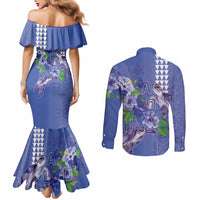 Hawaii Aloha Turtle Hibiscus and Leaves Couples Matching Mermaid Dress and Long Sleeve Button Shirt with Polynesian and Kakau Tattoos Denim Color LT03 - Polynesian Pride