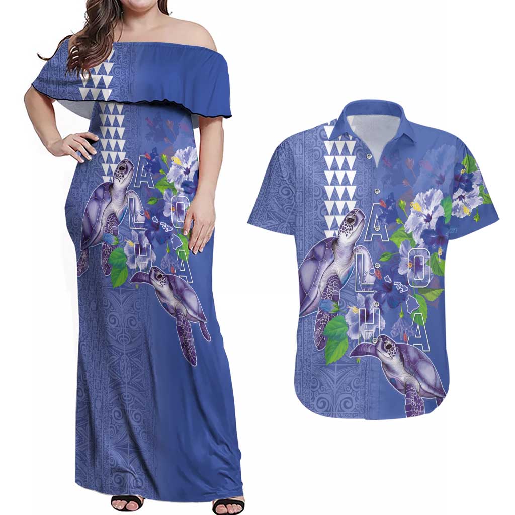 Hawaii Aloha Turtle Hibiscus and Leaves Couples Matching Off Shoulder Maxi Dress and Hawaiian Shirt with Polynesian and Kakau Tattoos Denim Color LT03 Blue - Polynesian Pride