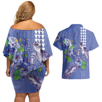 Hawaii Aloha Turtle Hibiscus and Leaves Couples Matching Off Shoulder Short Dress and Hawaiian Shirt with Polynesian and Kakau Tattoos Denim Color LT03 - Polynesian Pride