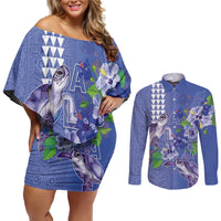 Hawaii Aloha Turtle Hibiscus and Leaves Couples Matching Off Shoulder Short Dress and Long Sleeve Button Shirt with Polynesian and Kakau Tattoos Denim Color LT03 Blue - Polynesian Pride