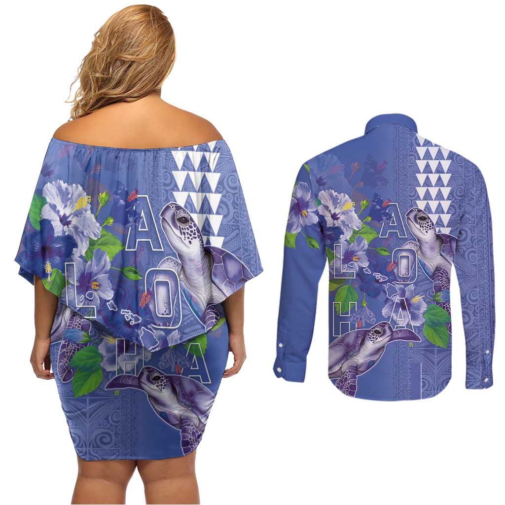 Hawaii Aloha Turtle Hibiscus and Leaves Couples Matching Off Shoulder Short Dress and Long Sleeve Button Shirt with Polynesian and Kakau Tattoos Denim Color LT03 - Polynesian Pride